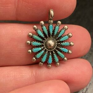Vintage Silver Zuni Turquoise Petit Point Flower Pendant